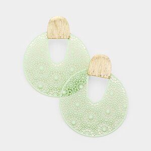 NEW Green Round Cut Out Teardrop Filigree Metal Earrings